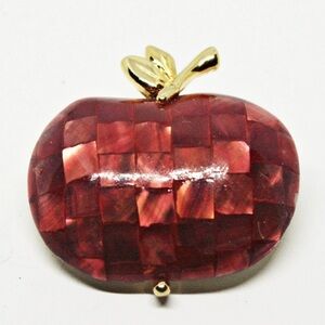 Liz Claiborne Apple Brooch Pin Red Abalone Gold Tone Teacher Mosaic Signed